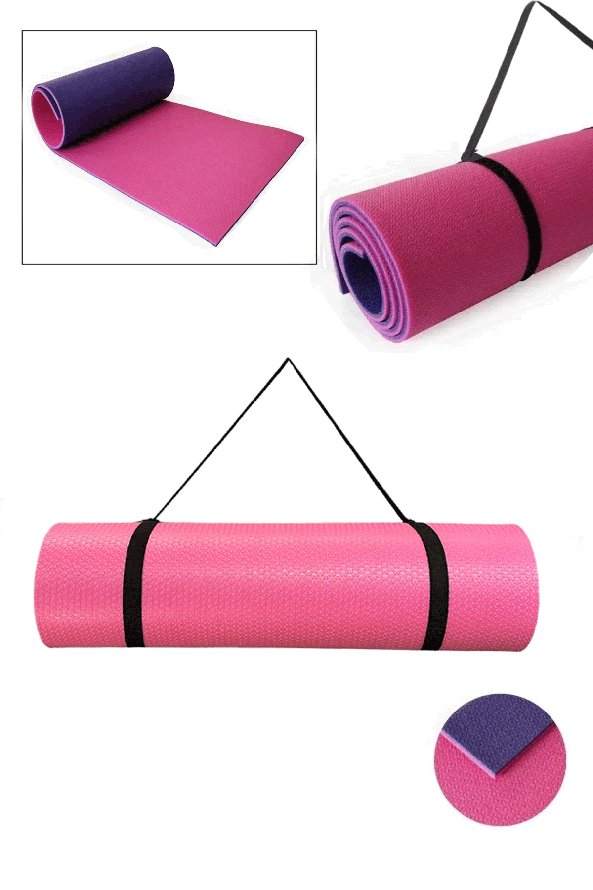 Pembe Mor  Pilates Minderi & Yoga Mat Çift Taraflı Taşıma Askılı 8 mm Kaydırmaz