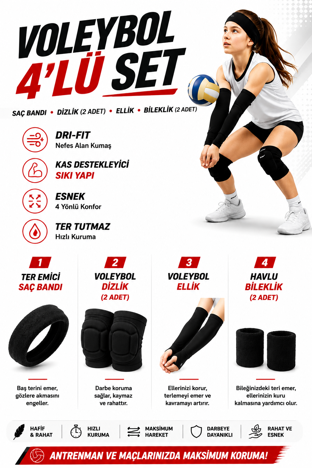 Voleybol Seti - Voleybol Dizliği Sünger Destekli Voleybol Kolluğu Havlu Bileklik Kafa Bandı(havlu)
