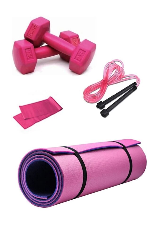 Mor-Pembe 8mm Pilates & Yoga Matı Seti – Direnç Bandı + Atlama İpi + 1kg Dambıl | Kaymaz, Dayanıklı Spor Ekipmanları