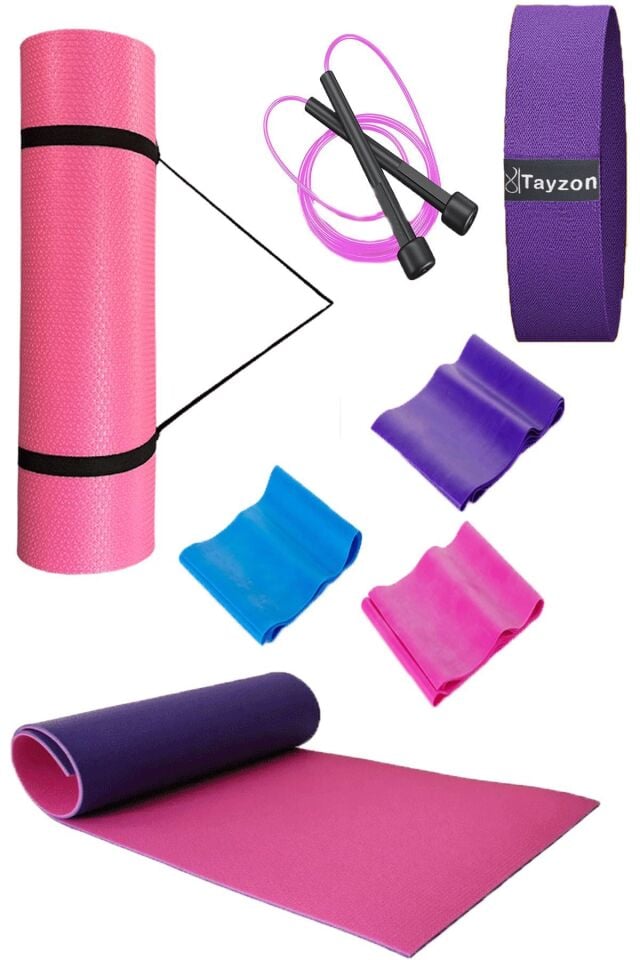 Pembe Pilates Seti- Pilates Matı Atlama Ipi Direnç Bandı 3 'lü Set Squat Loop Band