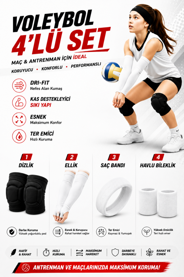 Voleybol Seti - Voleybol Dizliği Sünger Destekli Voleybol Kolluğu Havlu Bileklik Kafa Bandı(havlu)