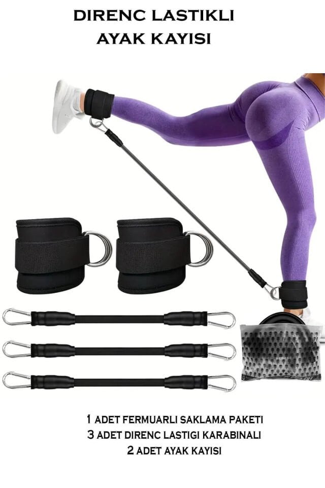 6'lı Direnç Lastiği Seti Pilates Seti Pilates Lastiği Kalça Egzersiz Seti Direnç Lastikli Ayak Kayış Siyah