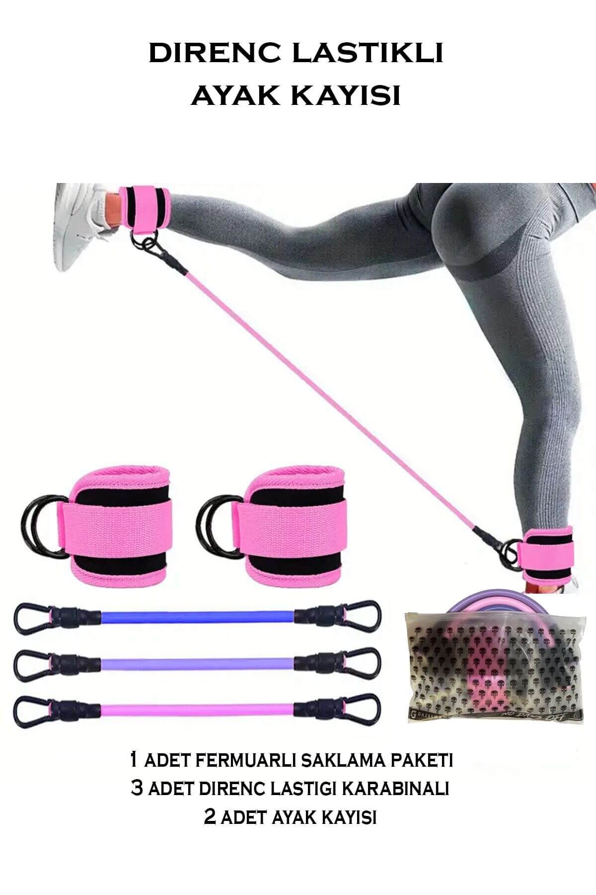 6'lı Direnç Lastiği Seti Pilates Seti Pilates Lastiği Kalça Egzersiz Seti Direnç Lastikli Ayak Kayış Pembe
