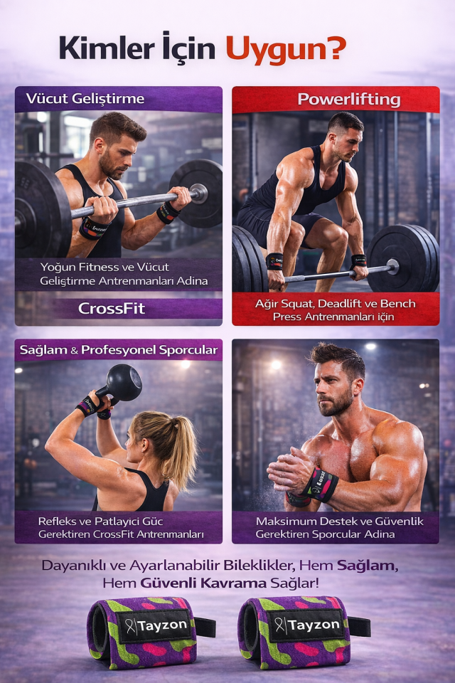 Wrist Wraps Fitness Ağırlık Bilekliği – Crossfit Bilekliği, Halter ve Bench Press Bileklik Desteği Kamuflaj Mor