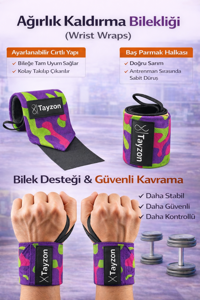 Wrist Wraps Fitness Ağırlık Bilekliği – Crossfit Bilekliği, Halter ve Bench Press Bileklik Desteği Kamuflaj Mor