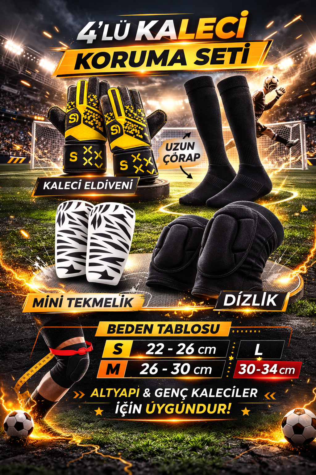 4’lü Kaleci Seti Kaleci Eldiveni Uzun Çorap Mini Tekmelik Darbe Emici Dizlik Futbol Kaleci Koruma Ekipmanları