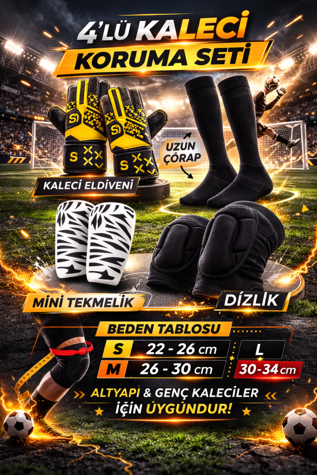 4’lü Kaleci Seti Kaleci Eldiveni Uzun Çorap Mini Tekmelik Darbe Emici Dizlik Futbol Kaleci Koruma Ekipmanları