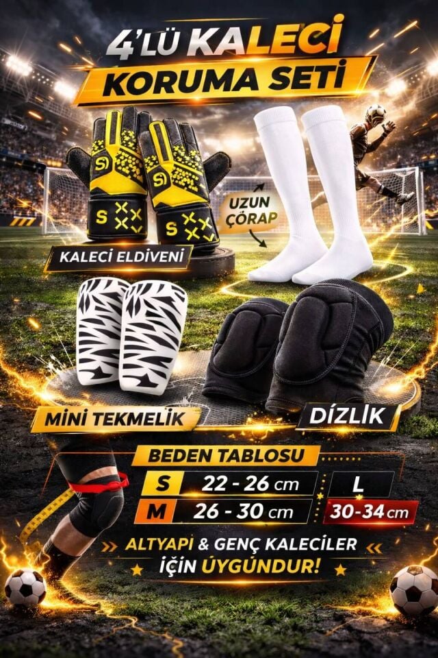 4’lü Kaleci Seti Kaleci Eldiveni Uzun Çorap Mini Tekmelik Darbe Emici Dizlik Futbol Kaleci Koruma Ekipmanları 7  - Beyaz