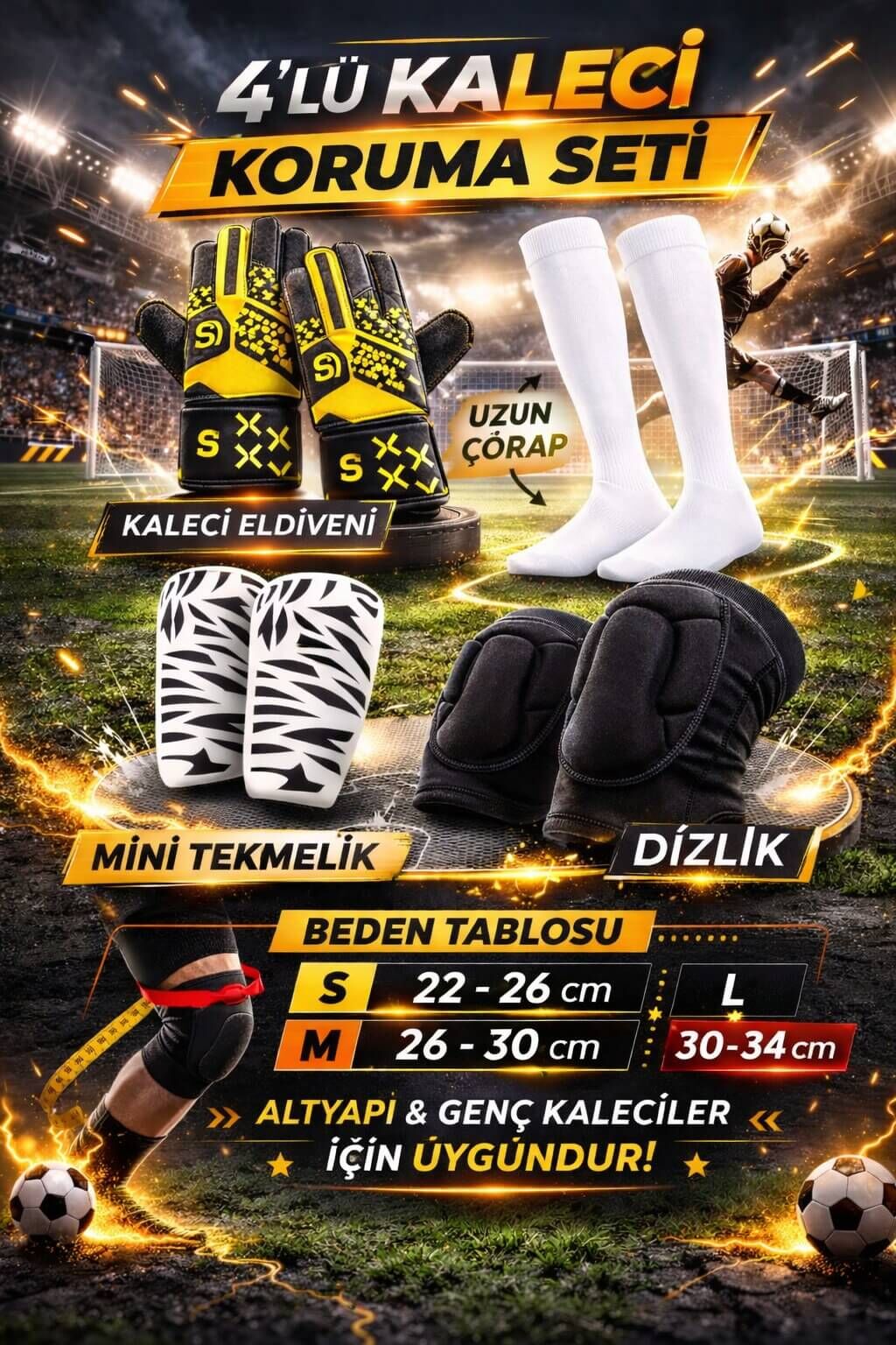 4’lü Kaleci Seti Kaleci Eldiveni Uzun Çorap Mini Tekmelik Darbe Emici Dizlik Futbol Kaleci Koruma Ekipmanları 9 - Beyaz